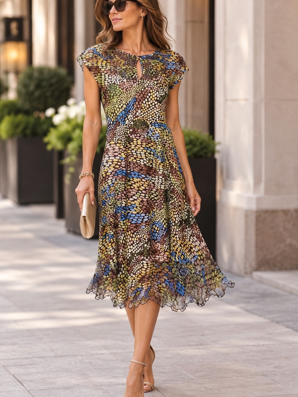 Komarov Multicolor Midi Dress in Blue, Green, Brown, Cream L Alex Dress